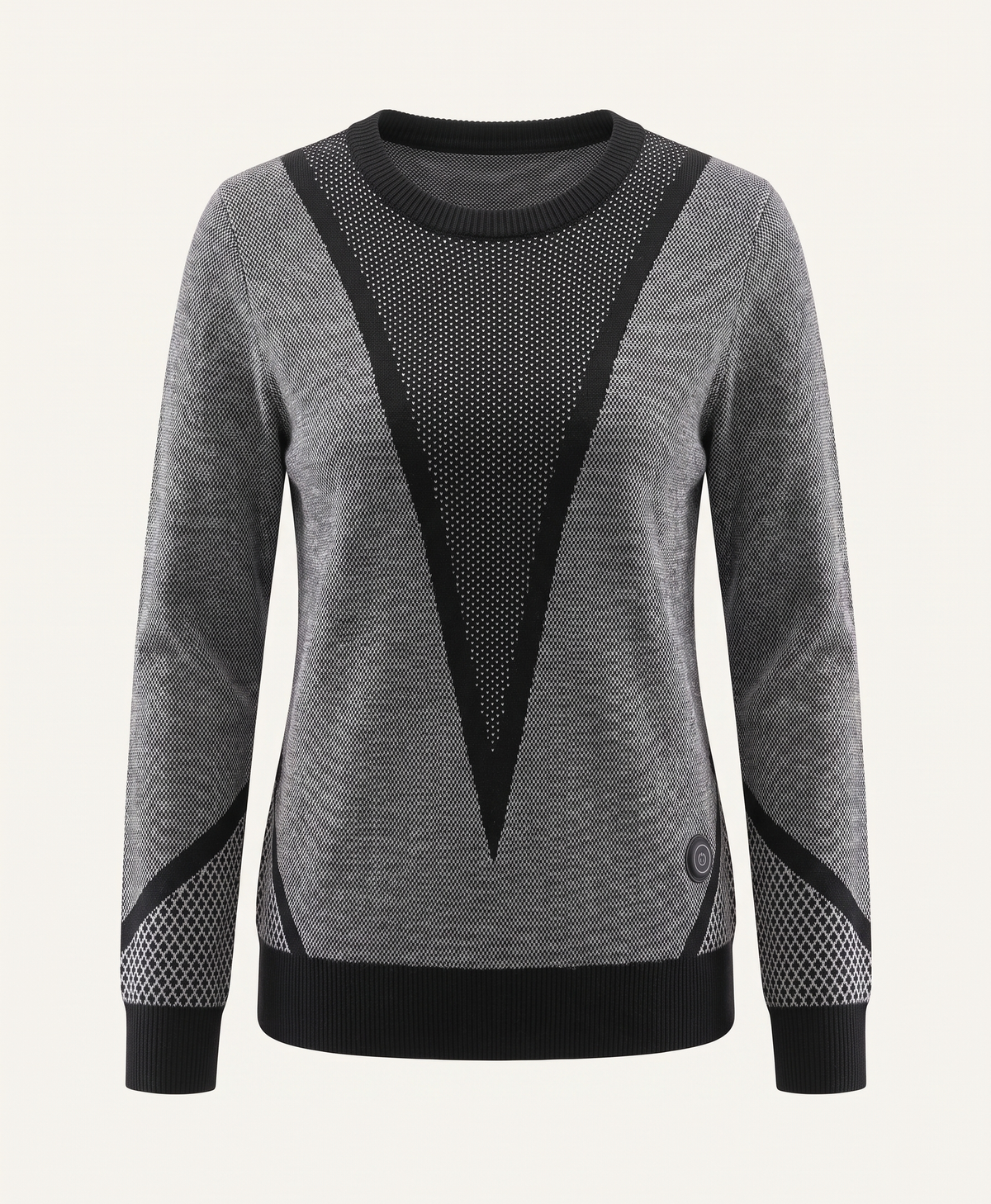 Round-neck long-sleeve knitted sweater on a hanger, striped sleeves and small round badge on the chest