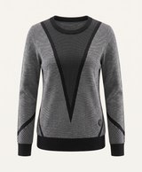 Round-neck long-sleeve knitted sweater on a hanger, striped sleeves and small round badge on the chest