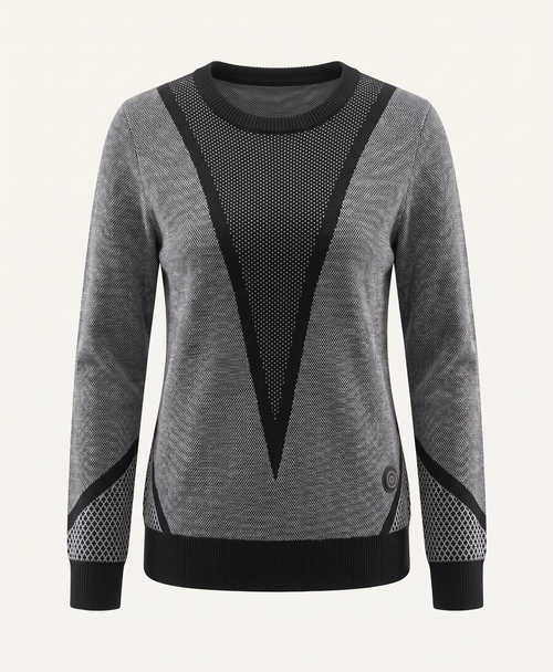 Round-neck long-sleeve knitted sweater on a hanger, striped sleeves and small round badge on the chest