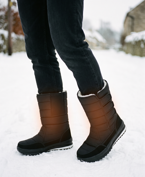 Black mid-calf insulated winter boots with hook-and-loop straps worn outdoors in fresh snow