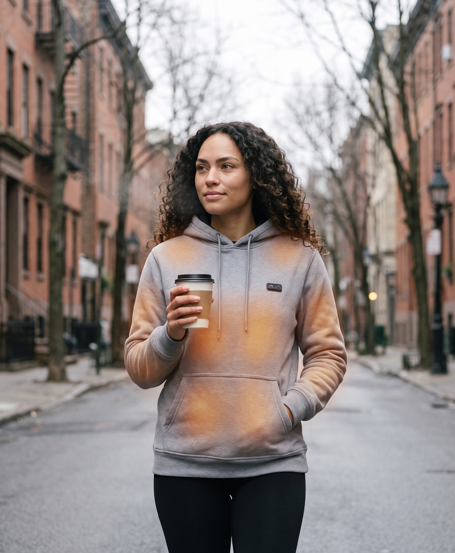 Gray heated hoodie with hood worn for cold-weather everyday wear, lifestyle photo of the 31-zone fleece hoodie