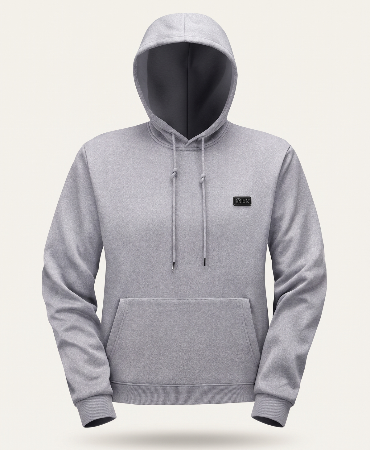 Gray 31-zone heated hoodie with hood and chest control panel shown alone, front view