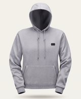 Gray 31-zone heated hoodie with hood and chest control panel shown alone, front view