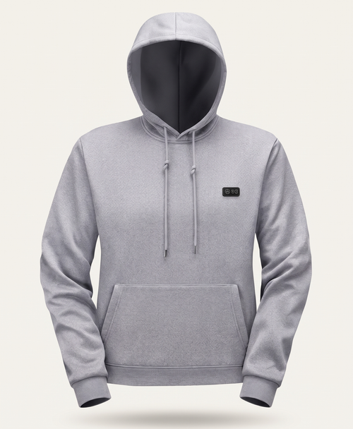 Gray 31-zone heated hoodie with hood and chest control panel shown alone, front view