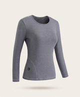 Gray women's heated thermal top, back view, showing stitched panel seams on the back and hem and long sleeves