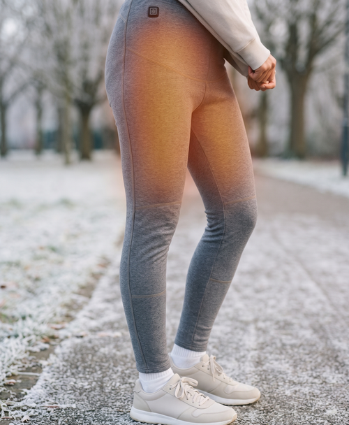Grey women's heated thermal pants shown with the double-layer plush winter warmth graphic