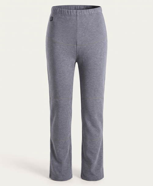 Back view of grey heated thermal pants with elastic waistband and fitted leg on a plain background