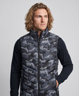 Men's camouflage heated vest, front view with stand-up collar, full-length zip and chest power button