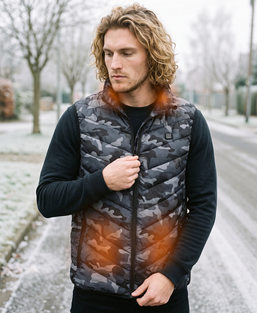 Men's camouflage heated vest shown for cold-weather outdoor wear, with the heating panels lit