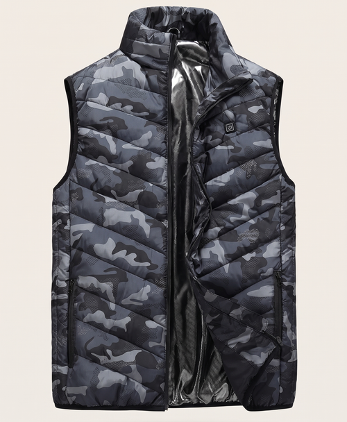 Men's camouflage quilted heated vest on its own, front view with zip and stand collar