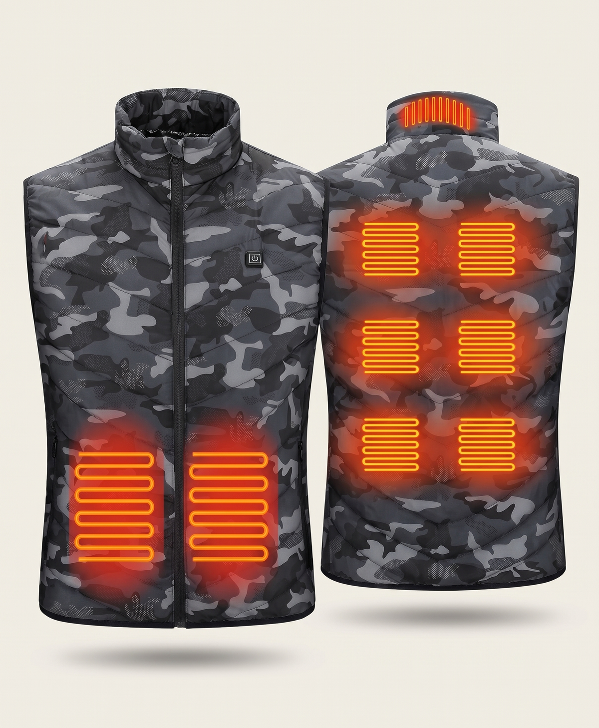 Camouflage heated vest showing heating panels at the collar, lower front and across the back