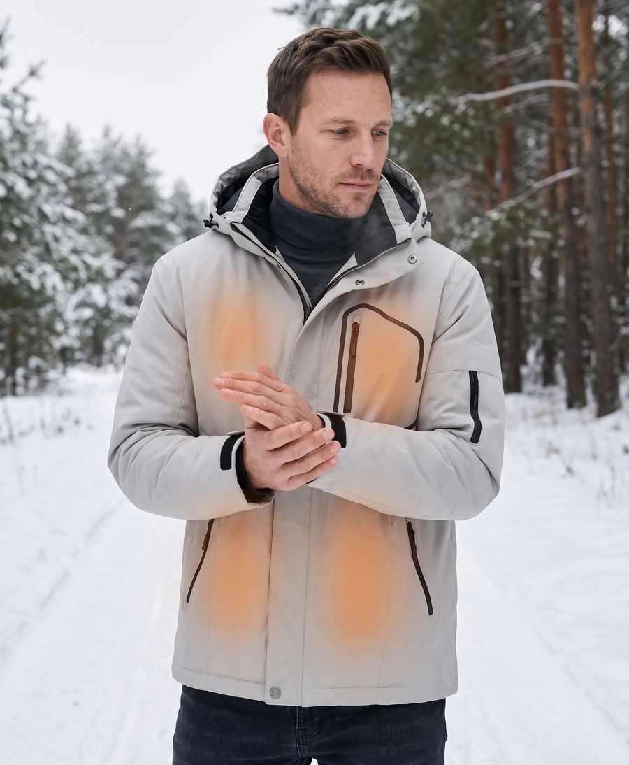 Man in the khaki hooded USB heated ski jacket over a dark turtleneck, hood up and zipped, in a cold-weather outfit