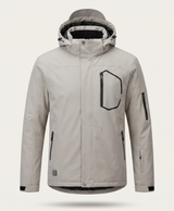 Khaki men's hooded heated jacket with lined body, zip front, drawstring hood and zippered pockets shown on its own
