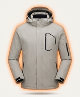 Khaki men's USB heated jacket showing the lined waterproof, windproof shell and the zippered pockets