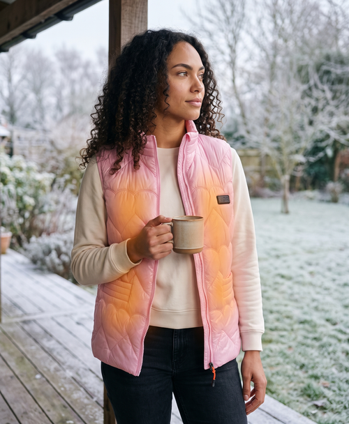 Pink women's heated vest with heart-pattern quilting, worn open at the front with the silver-grey lining visible