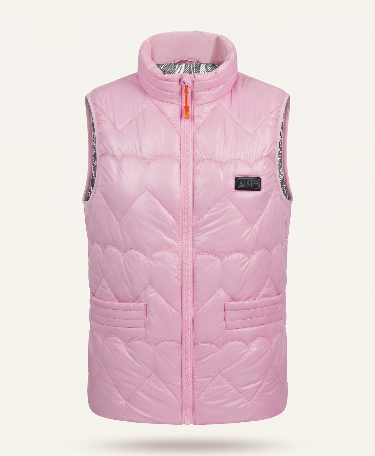 Pink women's heated vest on its own, showing the stand collar, front zip and two lower pockets