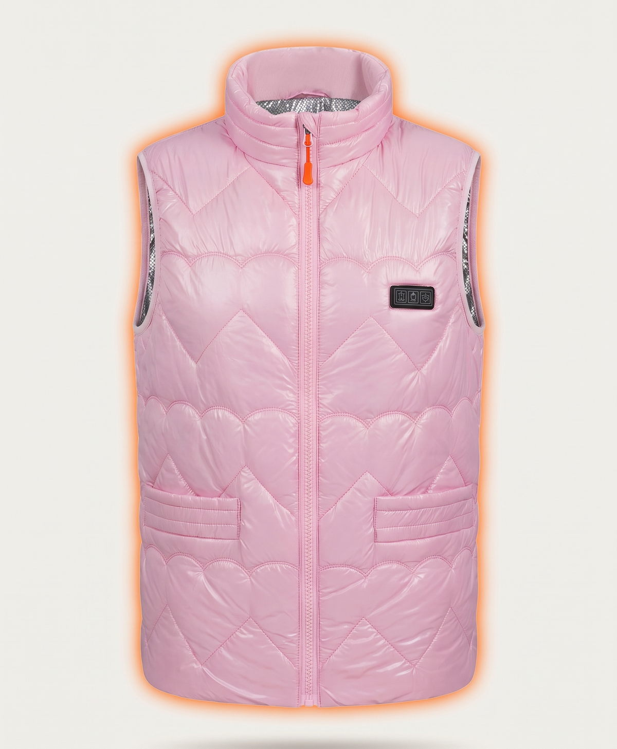 Heat-zone view of the heated vest front and back, with heating panels on the collar, shoulders, back and lower front
