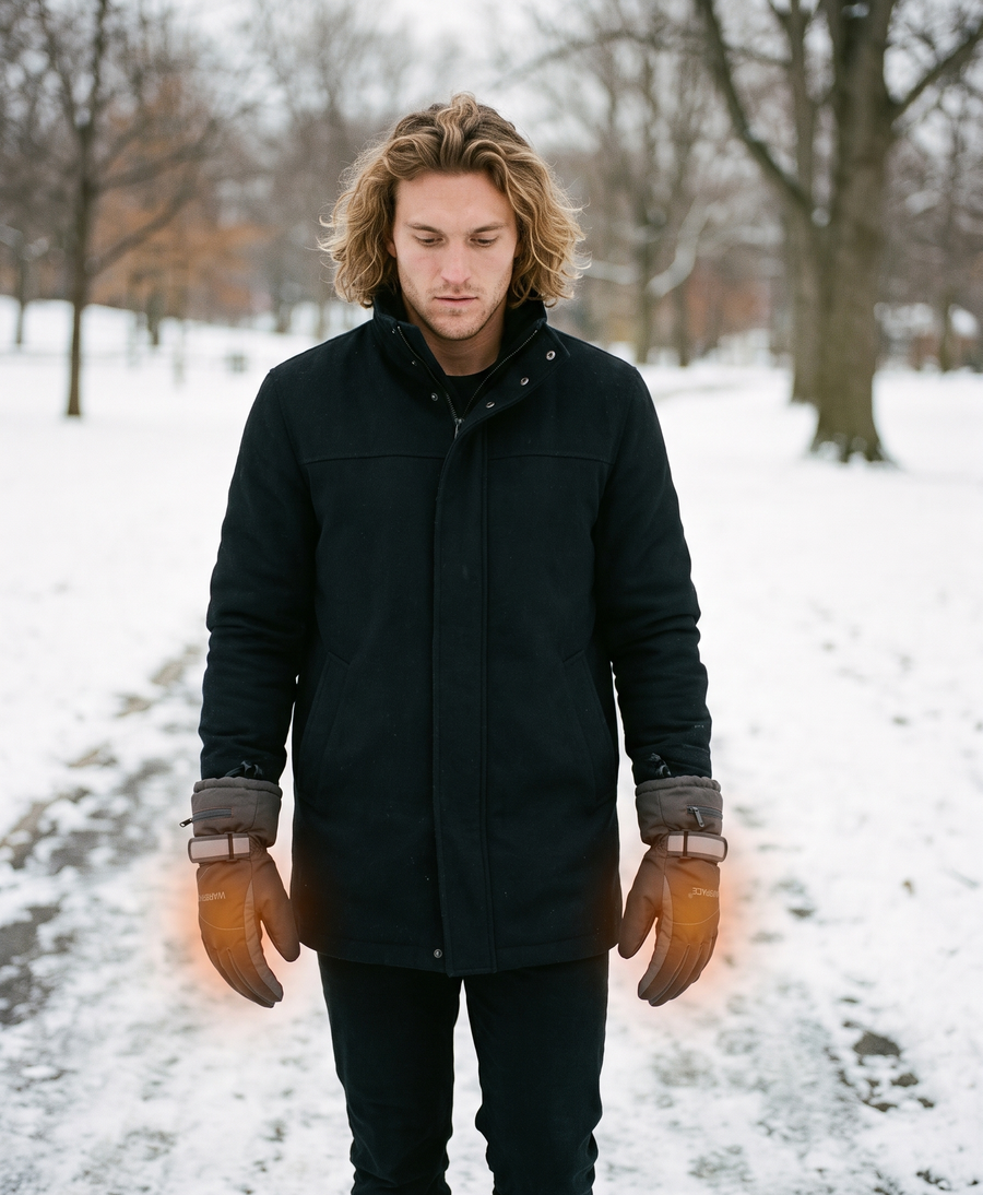 Men's grey heated gloves laid out as a pair, showing the wrist strap, cuff zipper pocket and knit cuff