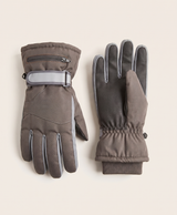Grey rechargeable heated glove on a white background, showing the finger seams and wrist strap
