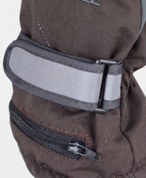 Close-up of the grey heated glove cuff with zippered pocket, adjustable wrist strap and ribbed knit lining