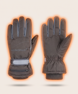 Grey heated gloves with the power cable running from the cuff area, showing how the rechargeable power connects