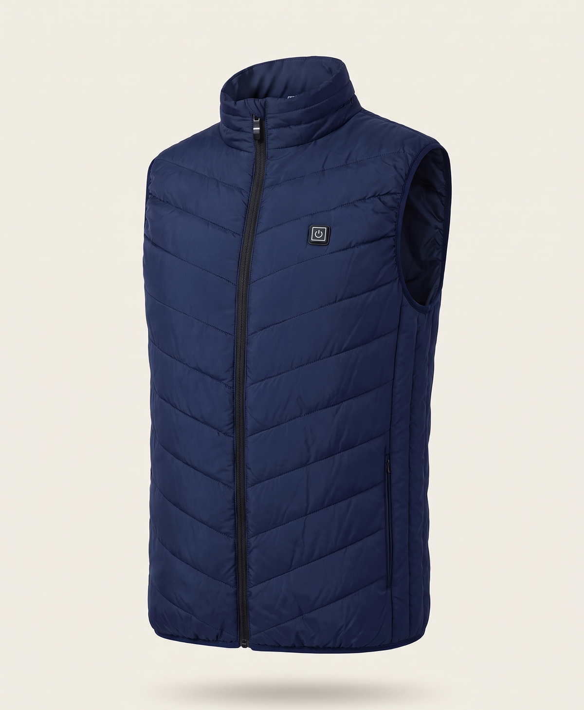 Blue quilted heated vest on its own, front view with stand collar, zip and chest power button
