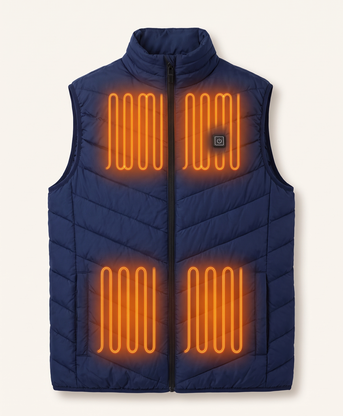 Blue heated vest with the heating zones shown glowing red on the front and back panels