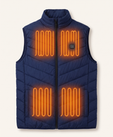 Blue heated vest with the heating zones shown glowing red on the front and back panels