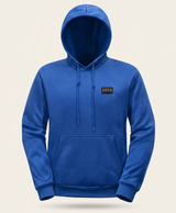Sapphire blue heated hoodie with drawstring hood and ribbed cuffs, shown on its own with the chest control panel