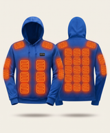 Sapphire blue heated hoodie with 31 heating zones on shoulders, chest, abdomen, back and arms, plus 3 heat levels