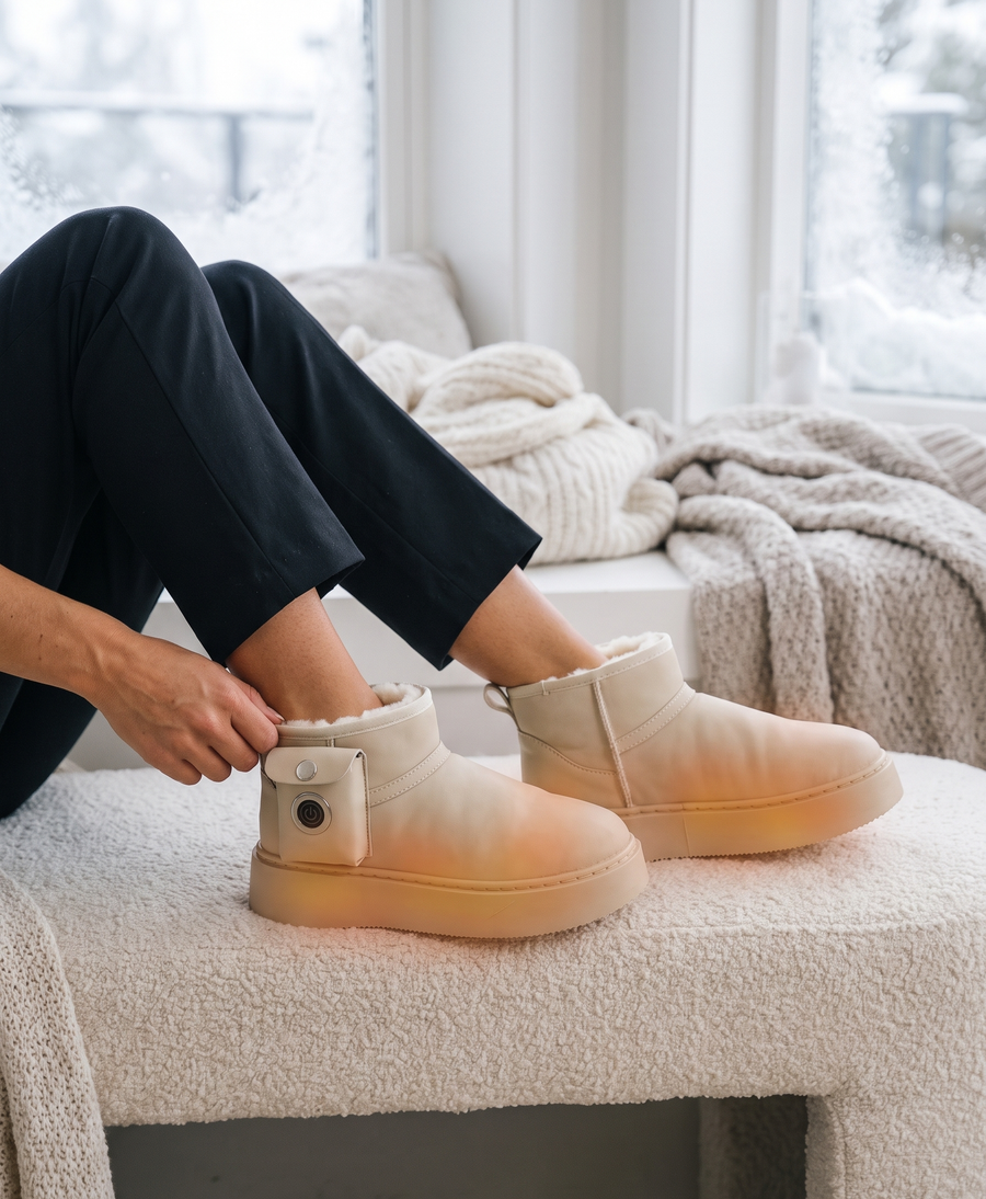 Lifestyle photo of a woman touching the power button on the side pocket of beige heated snow boots