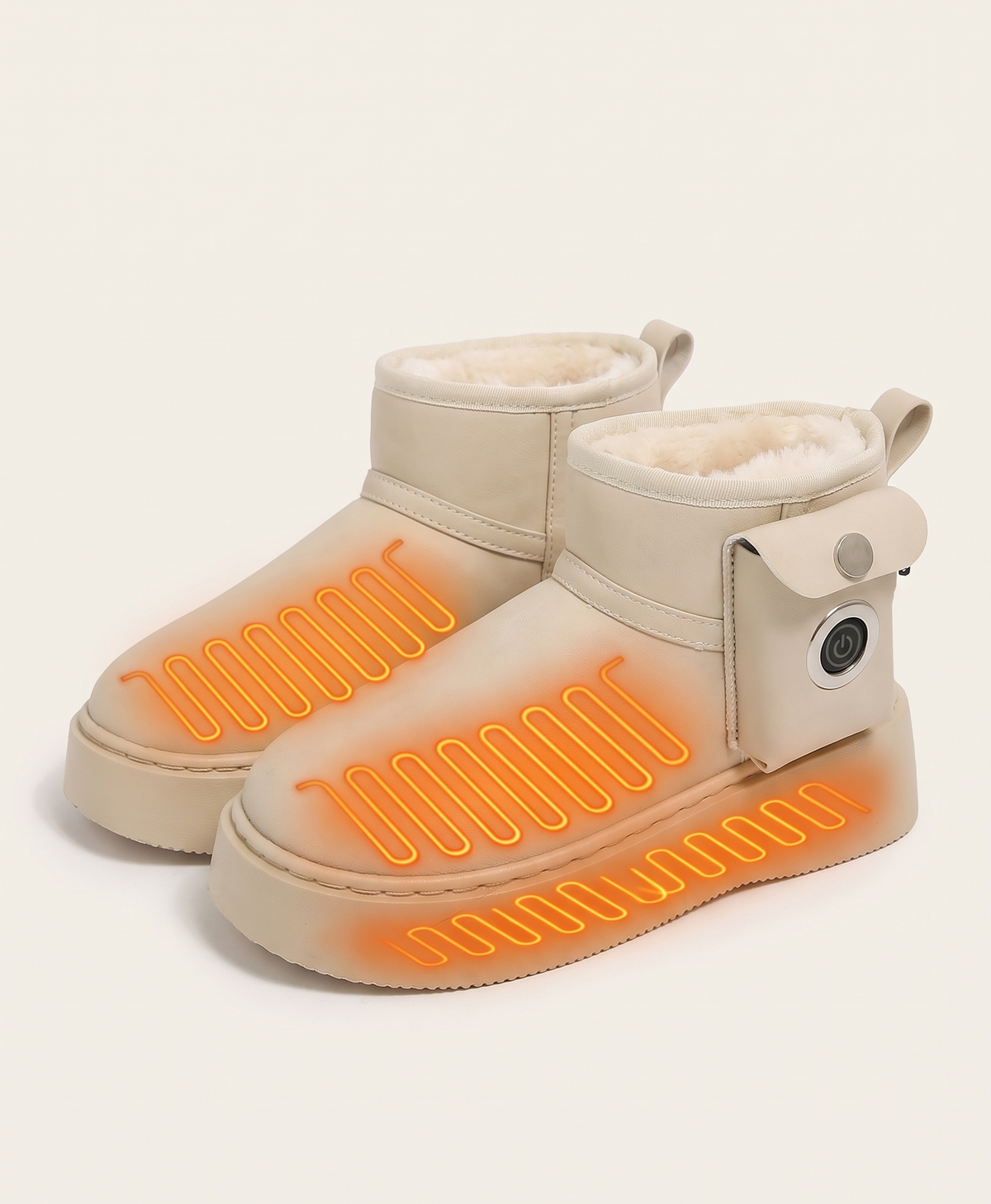 Beige heated snow boots with the side pocket and round power button, which switches the three heat levels
