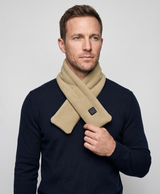 Khaki USB heated scarf worn crossed at the neck in a studio photo, with the one-key control button on the front