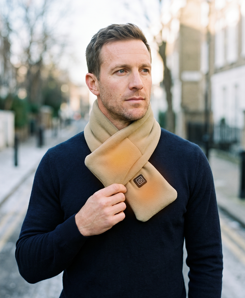 Lifestyle photo of the khaki heated neck scarf worn outdoors in winter weather