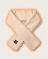 Feature photo of the heated scarf with the heating element glowing and the green, blue and red heat-level indicator lights