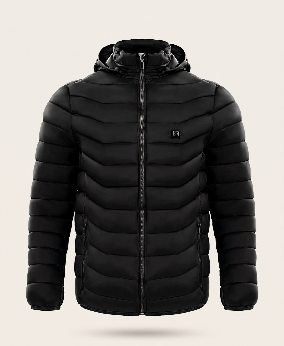 Men's black quilted heated puffer jacket with hood, shown from the front and the back