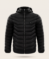 Men's black quilted heated puffer jacket with hood, shown from the front and the back