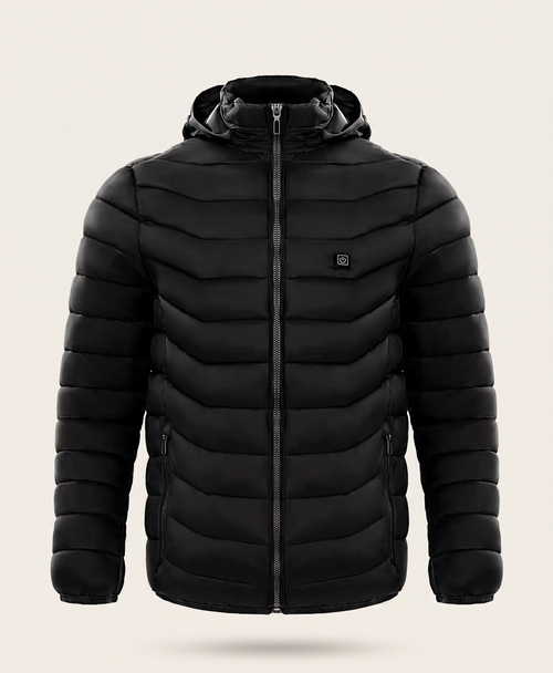 Men's black quilted heated puffer jacket with hood, shown from the front and the back