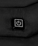 Close-up of the chest power button on the men's black heated puffer jacket