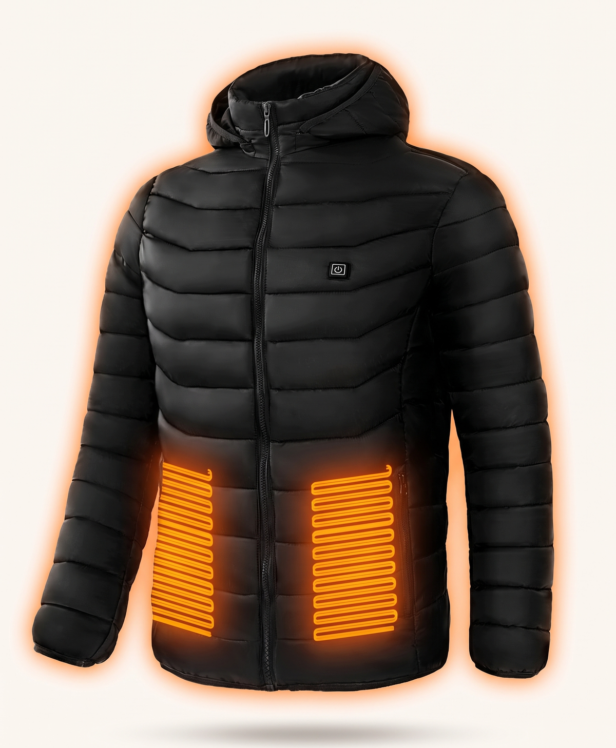 Black heated puffer jacket with glowing heating panels shown on the lower front, lower back and upper back