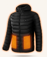 Black heated puffer jacket with glowing heating panels shown on the lower front, lower back and upper back