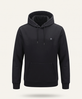 Black men's heated hoodie with drawstring hood, kangaroo pocket and ribbed cuffs and hem, product photo