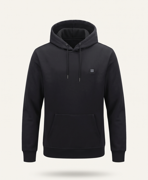Black men's heated hoodie with drawstring hood, kangaroo pocket and ribbed cuffs and hem, product photo