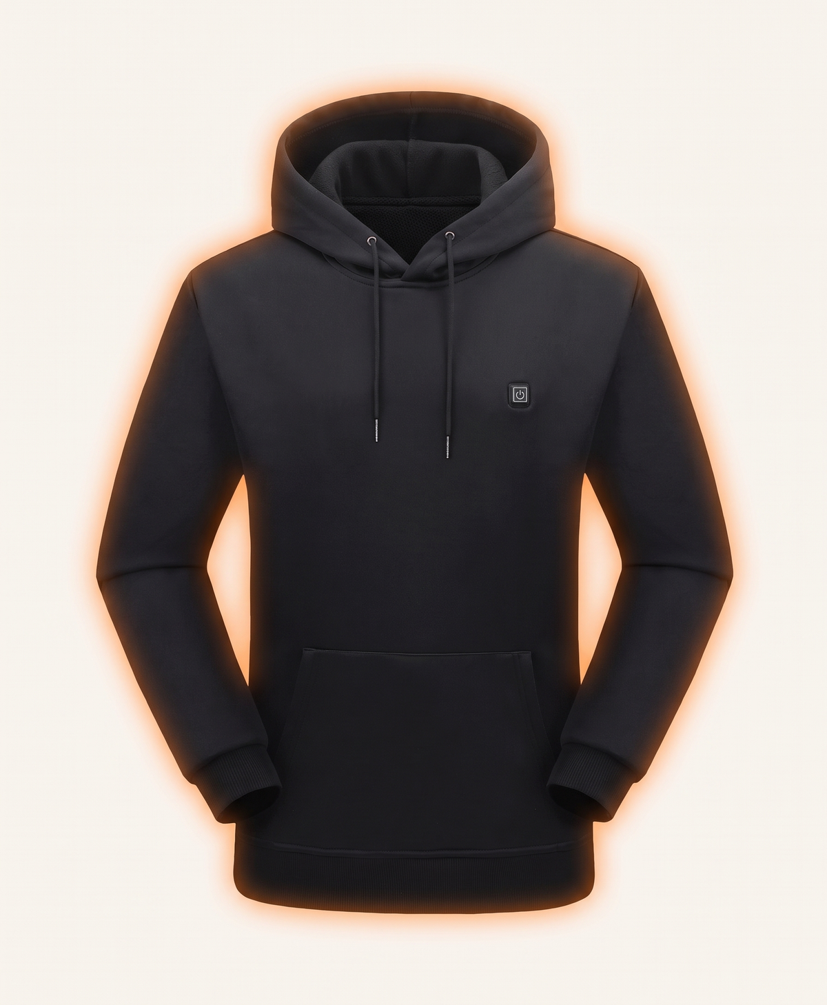 Black heated hoodie with its 9-zone heating system, chest power button and thick polyester body