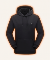 Black heated hoodie with its 9-zone heating system, chest power button and thick polyester body