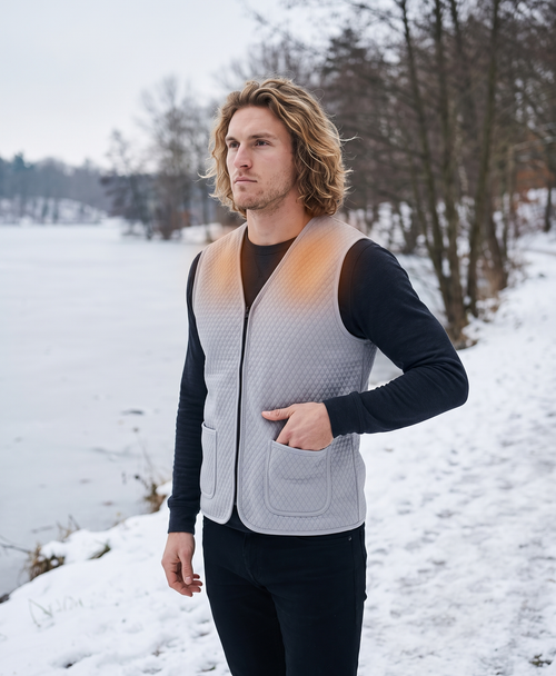 Collage of the gray heated vest: power bank in a pocket, chest power button, soft inner lining and zipper close-ups