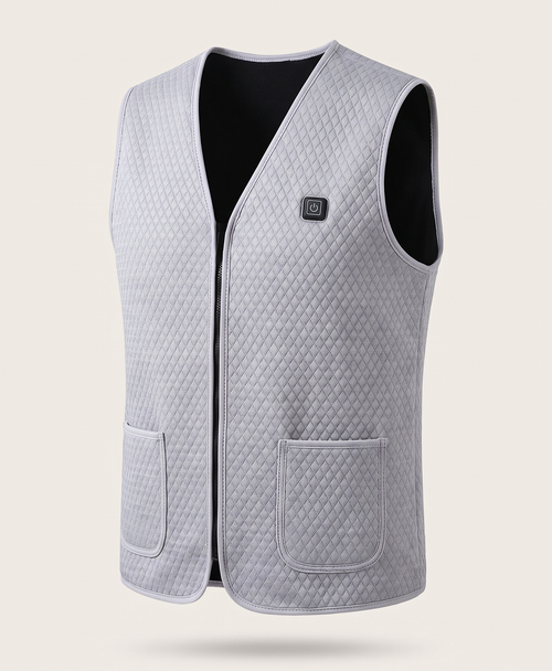 Gray diamond-quilted heated vest with full-length front zip, chest power button and two front pockets, on a white background