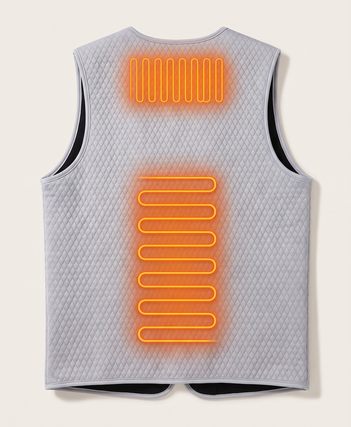 Heated vest shown for use under a jacket or as a standalone vest, with riding, fishing, climbing and snowboarding scenes