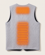 Heated vest shown for use under a jacket or as a standalone vest, with riding, fishing, climbing and snowboarding scenes