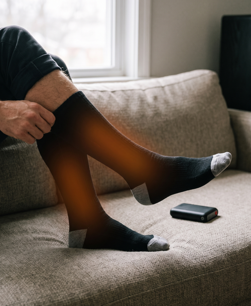 Man's legs in black knee-high heated socks standing next to the black battery pack with a red power button